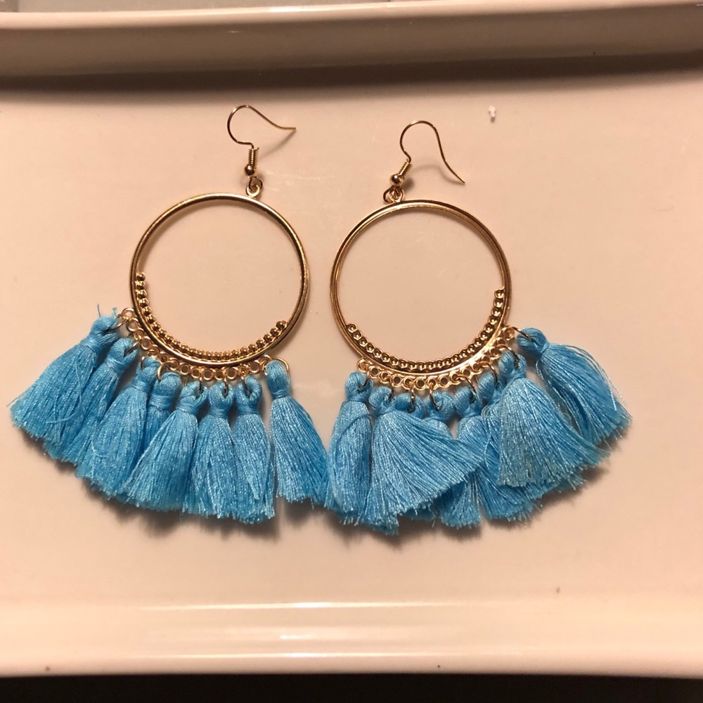Boho light blue tassel earrings